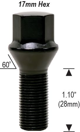 14X1.50 28MM BLACK LUG BOLTS - Wheel Designers